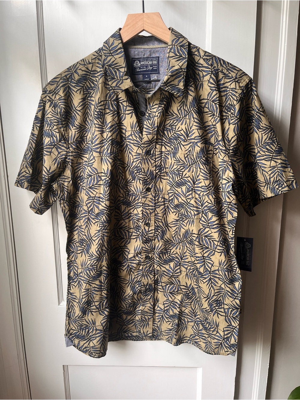 American Rag Tan Short-Sleeve Button-Up with Navy Leaf Print